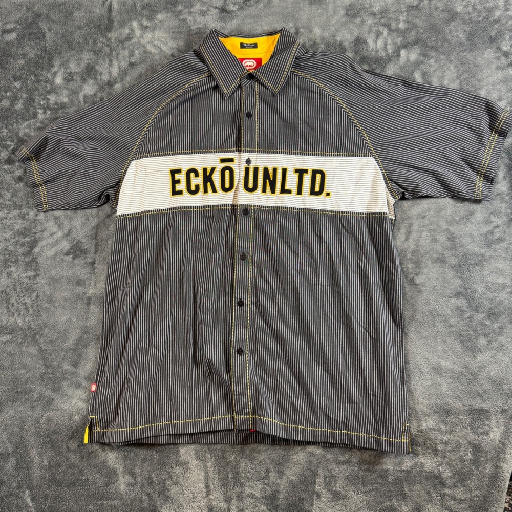 Y2K Ecko Unltd Mens Large Pinstripe Button Down Shirt Rumson Black Yellow Rhino